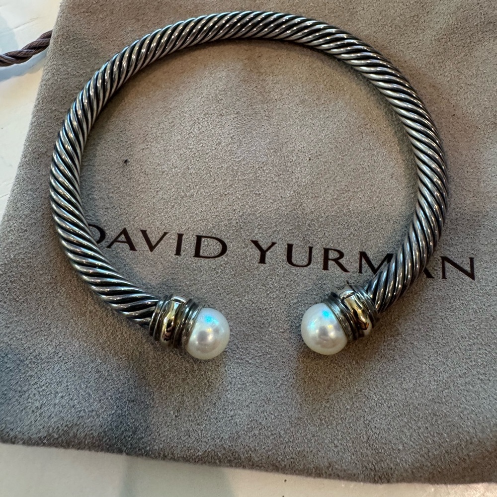 David Yurman Silver Bracelet with 14K Gold and Pearl Cable Cuff 5mm ~6.5" SM